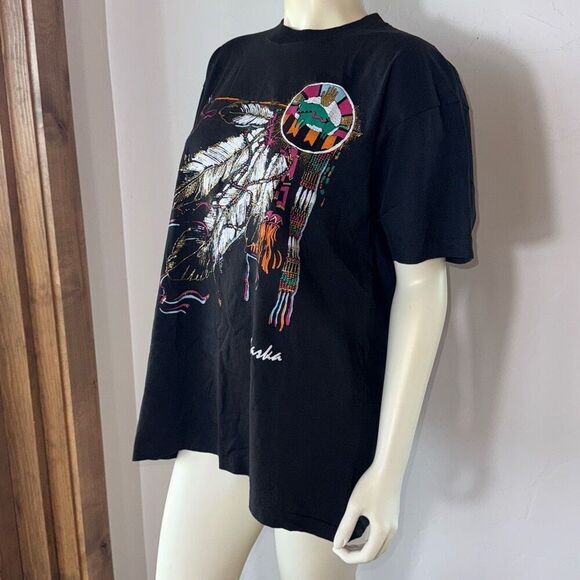 Vintage Black Native American Puffy Embellished Graphic Single Stitch T-Shirt Si - Picture 7 of 16
